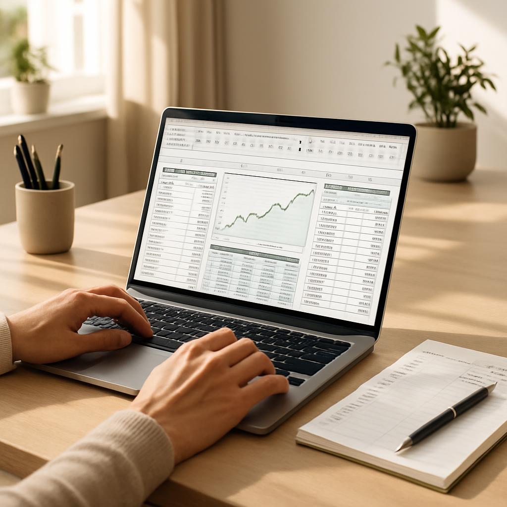 A person works on a laptop displaying stock quotes and a line graph on the screen, surrounded by a plant, window, and writ...